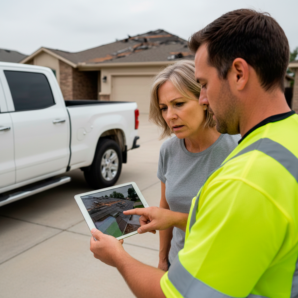 Level 7 professional explaining roof work
