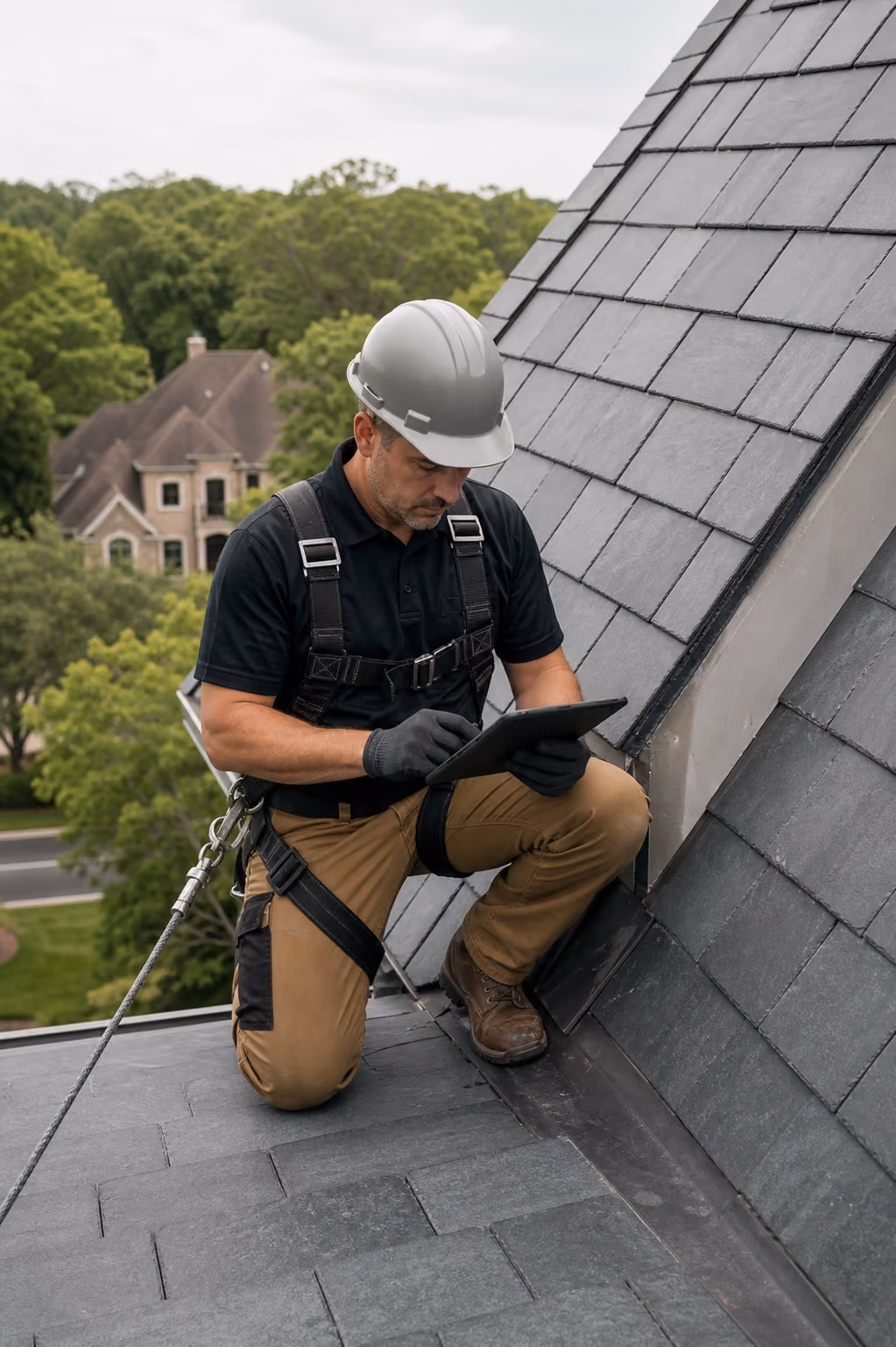 Level 7 roofing professional reviewing work on a residential roof