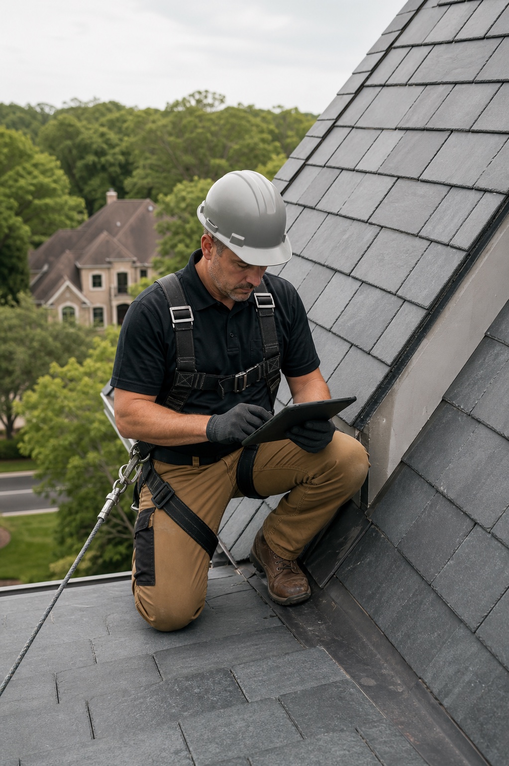 Level 7 roofing professional reviewing work on a residential roof