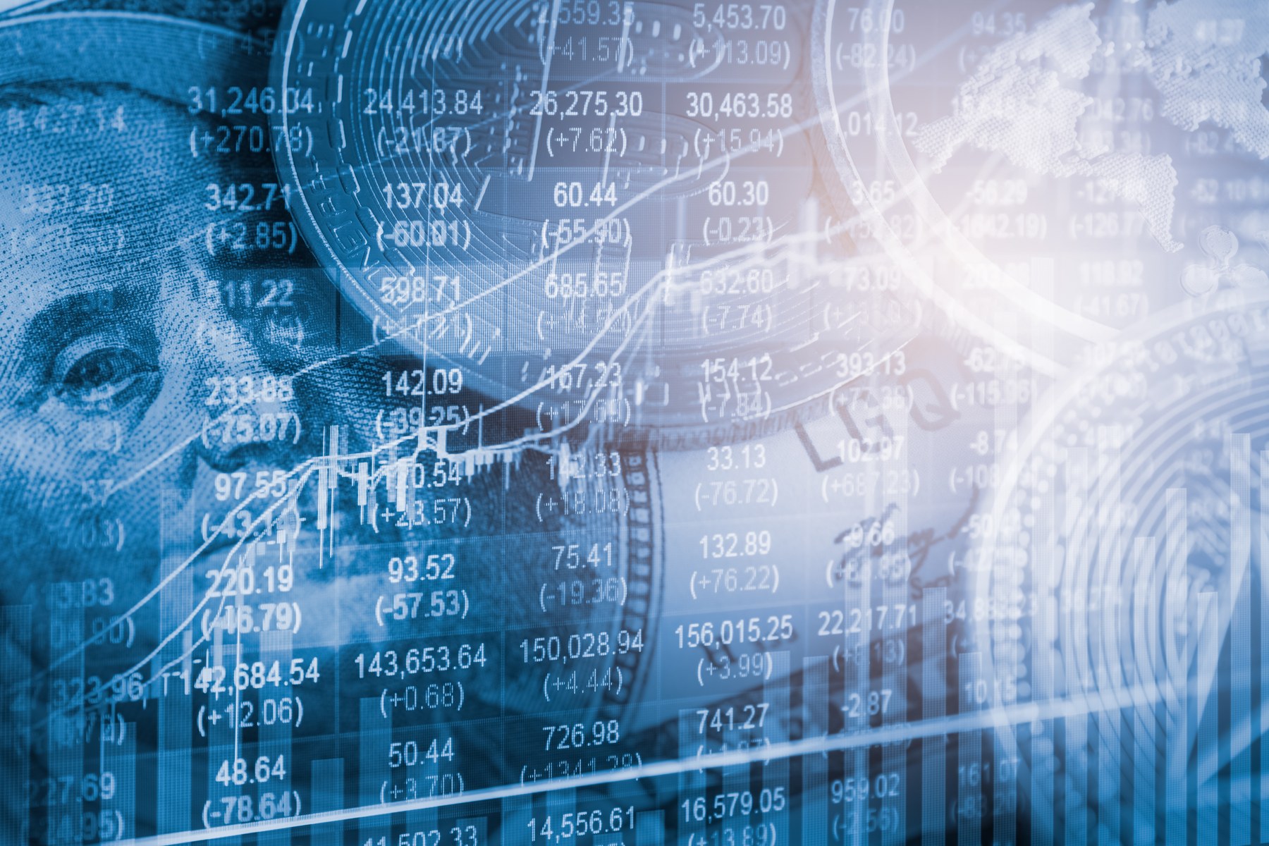 Blue-toned image of financial data, stock numbers overlapping a banknote and coin, creating a complex economic and digital theme.