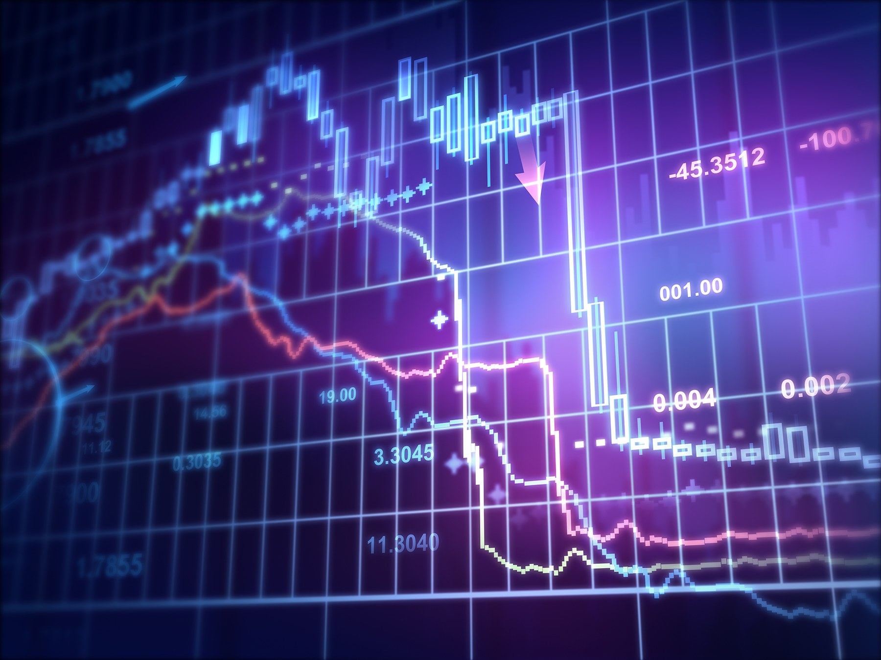 Glowing financial graph with colorful lines, arrows, and numbers on a purple grid background, indicating a sharp decline.