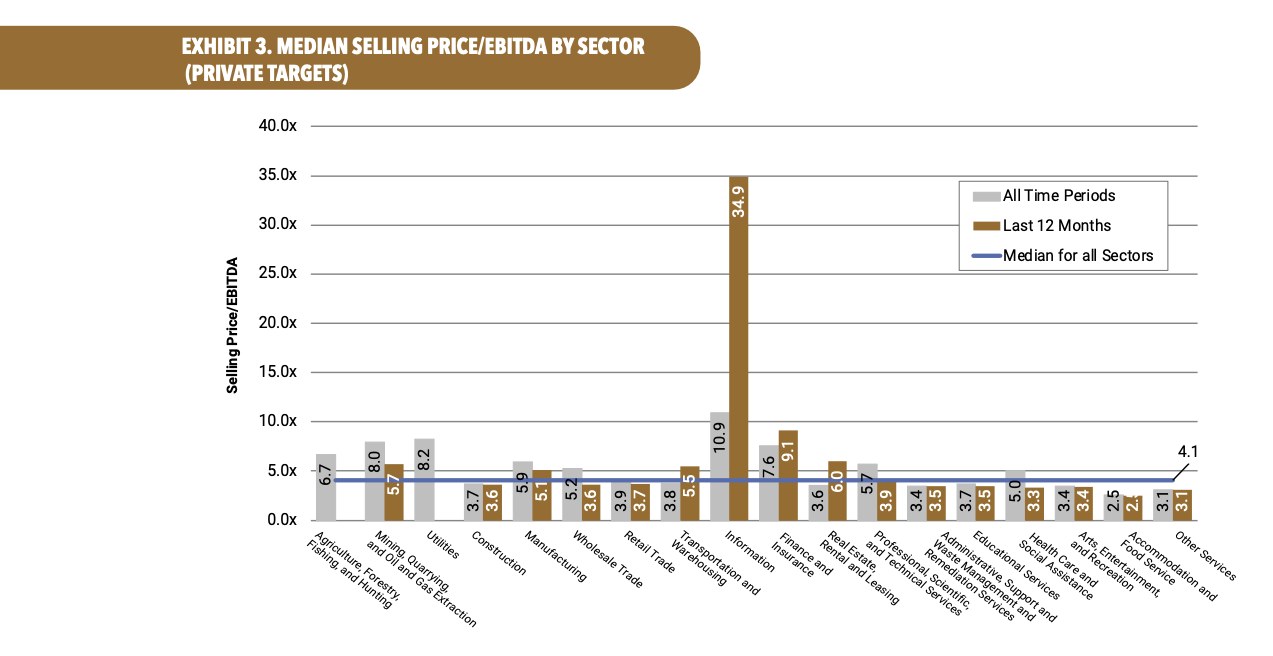 Bar chart showing median selling price/EBITDA by sector for private targets. Notable spike in Information sector (34.9x). Legend: gray, brown, blue.