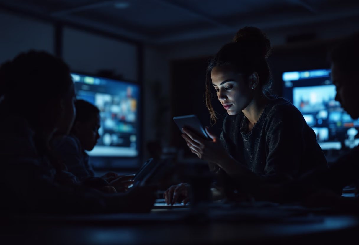 image of a teacher interacting with students using digital tools (for an edtech)