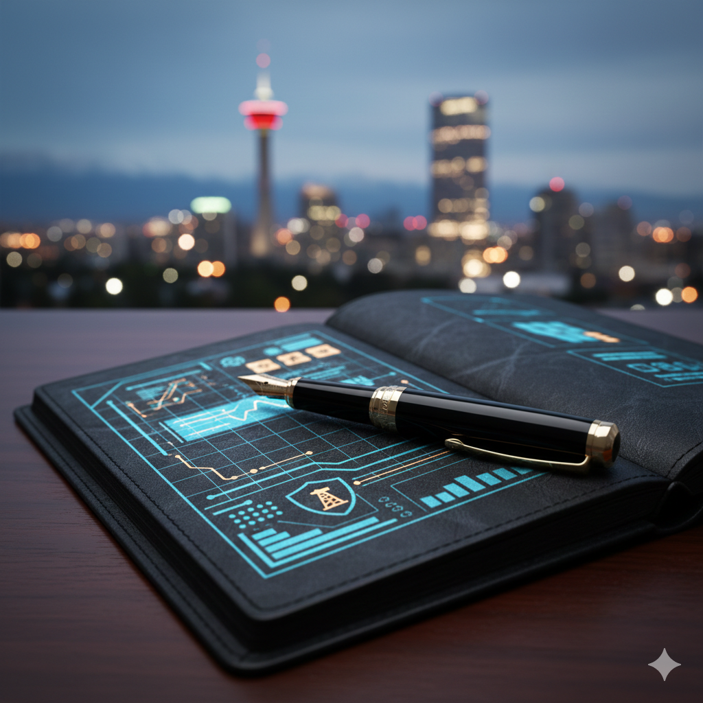Open black notebook displaying futuristic blue and orange digital charts and graphs, with a black fountain pen resting on it, against a blurred city skyline at dusk.