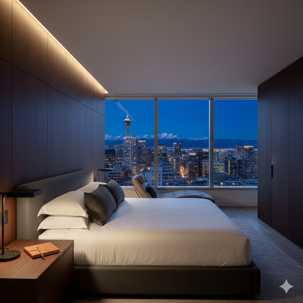 Modern bedroom with a large bed and city skyline view including a tower and snow-capped mountains at dusk. Flex Stays premium comfort