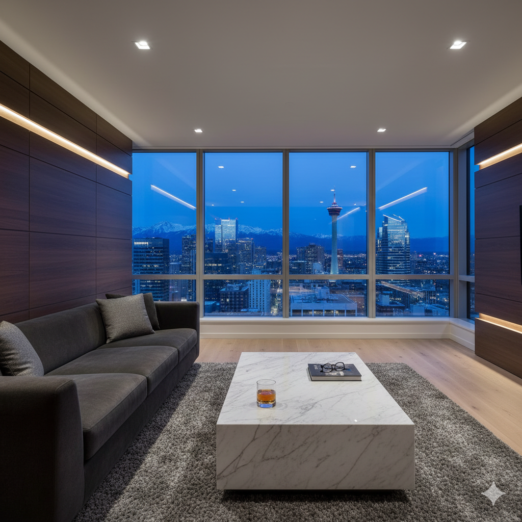Modern living room with a dark gray sofa, marble coffee table, and large windows showing a city skyline at dusk with mountains in the background.