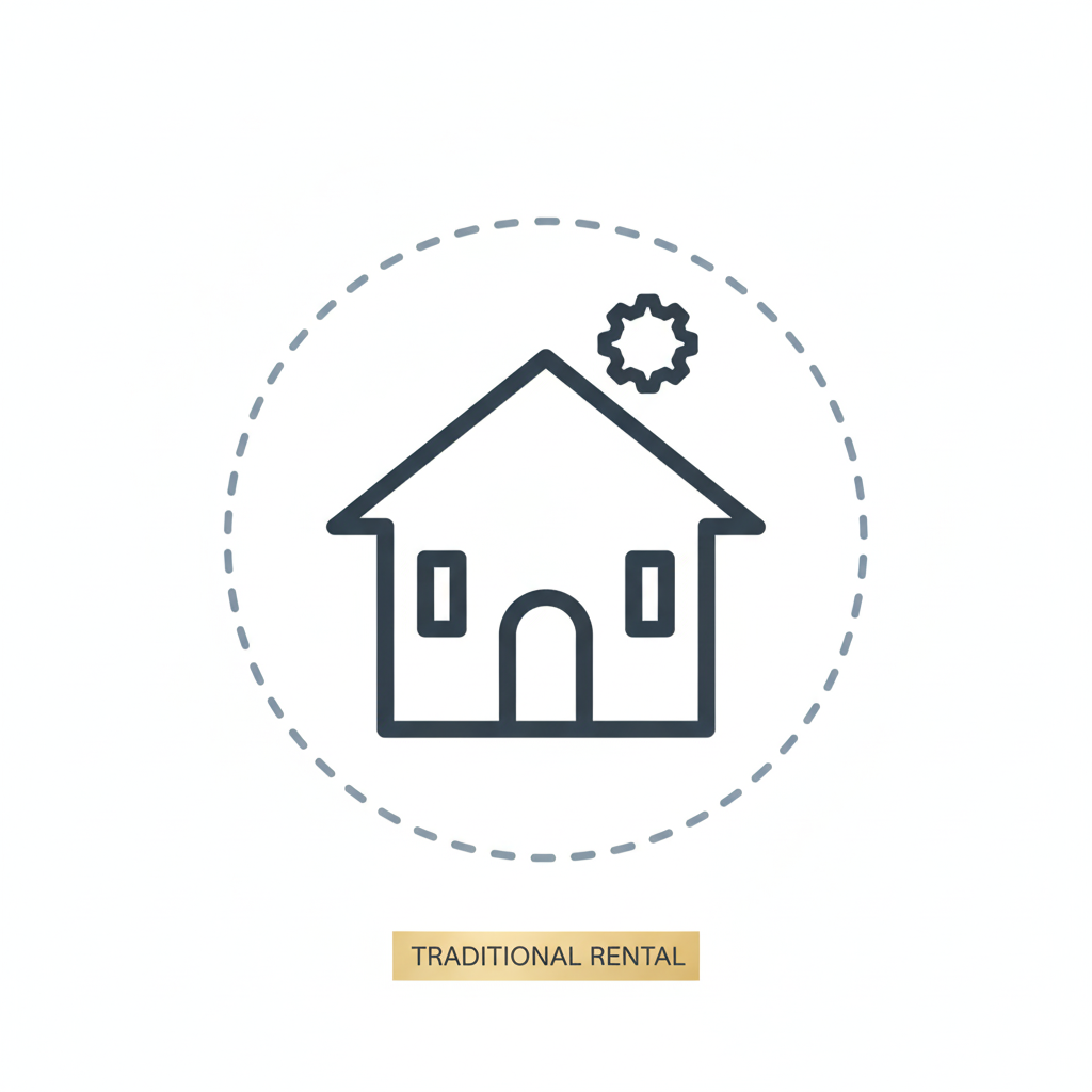 Icon of a house with a gear symbol above, labeled Traditional Rental. Flex stay standard long term plan