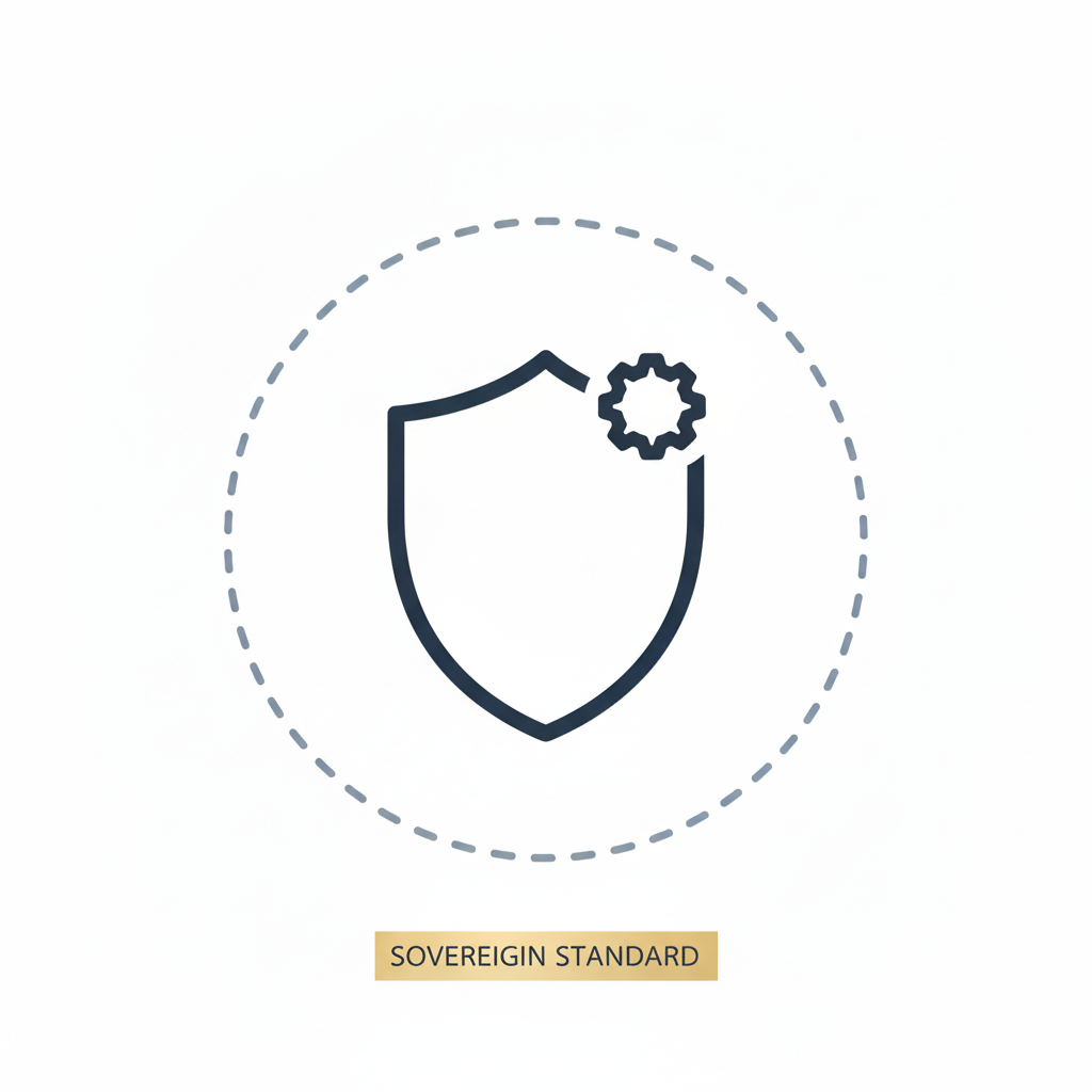 Outlined shield icon with a gear symbol on top right, encircled by a dashed line, labeled Sovereign Standard. Flex stay executive management