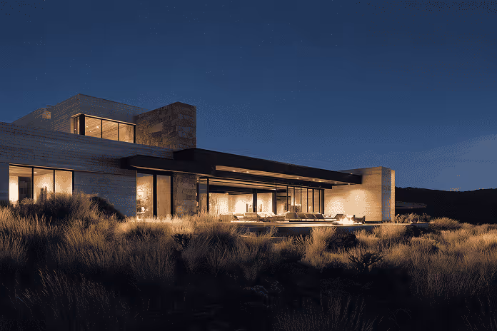 Modern lit house with large windows surrounded by tall grass under a dark night sky.