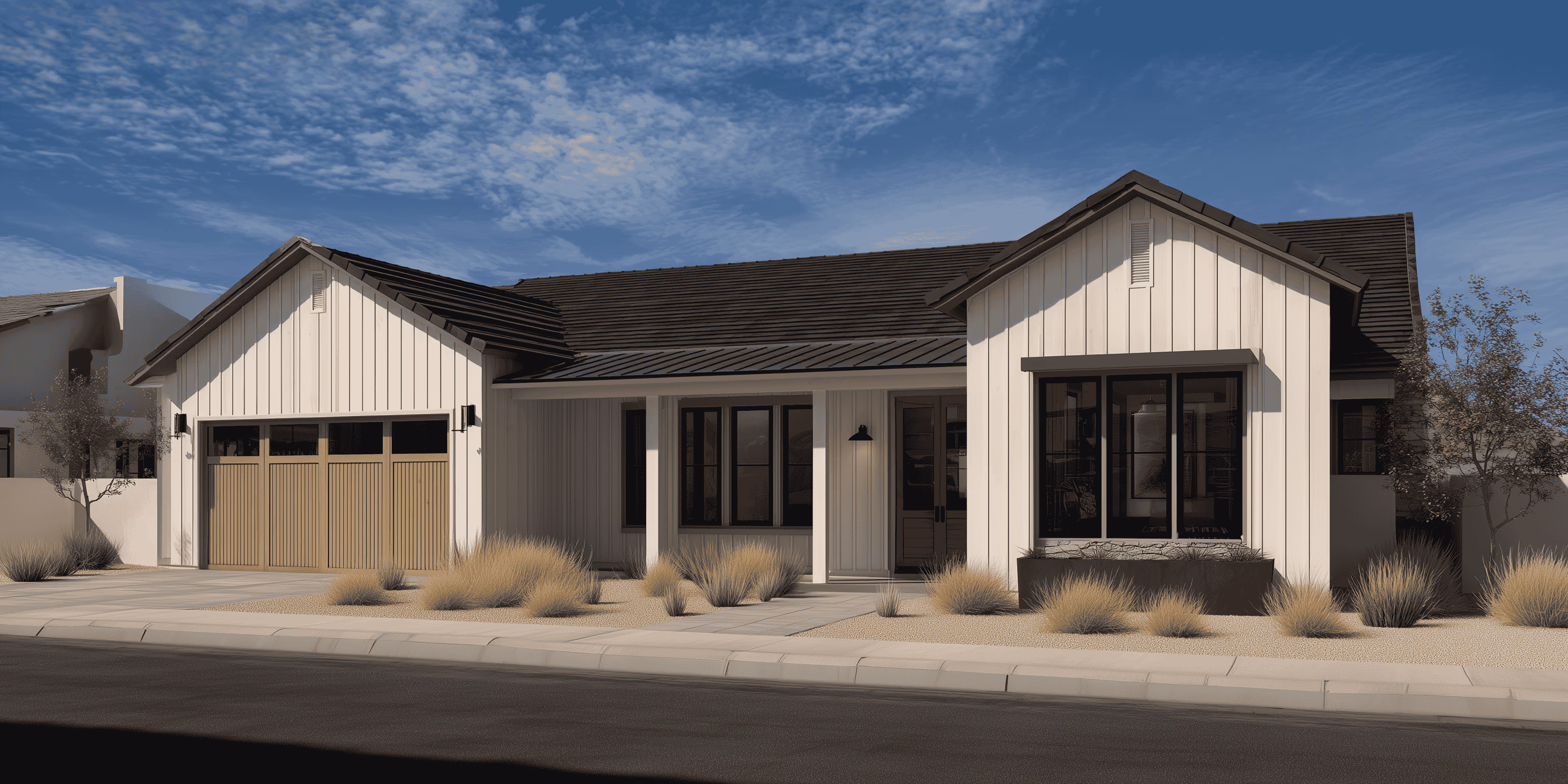 Modern single-story house with white vertical siding, dark roof, wooden garage door, and desert landscaping.
