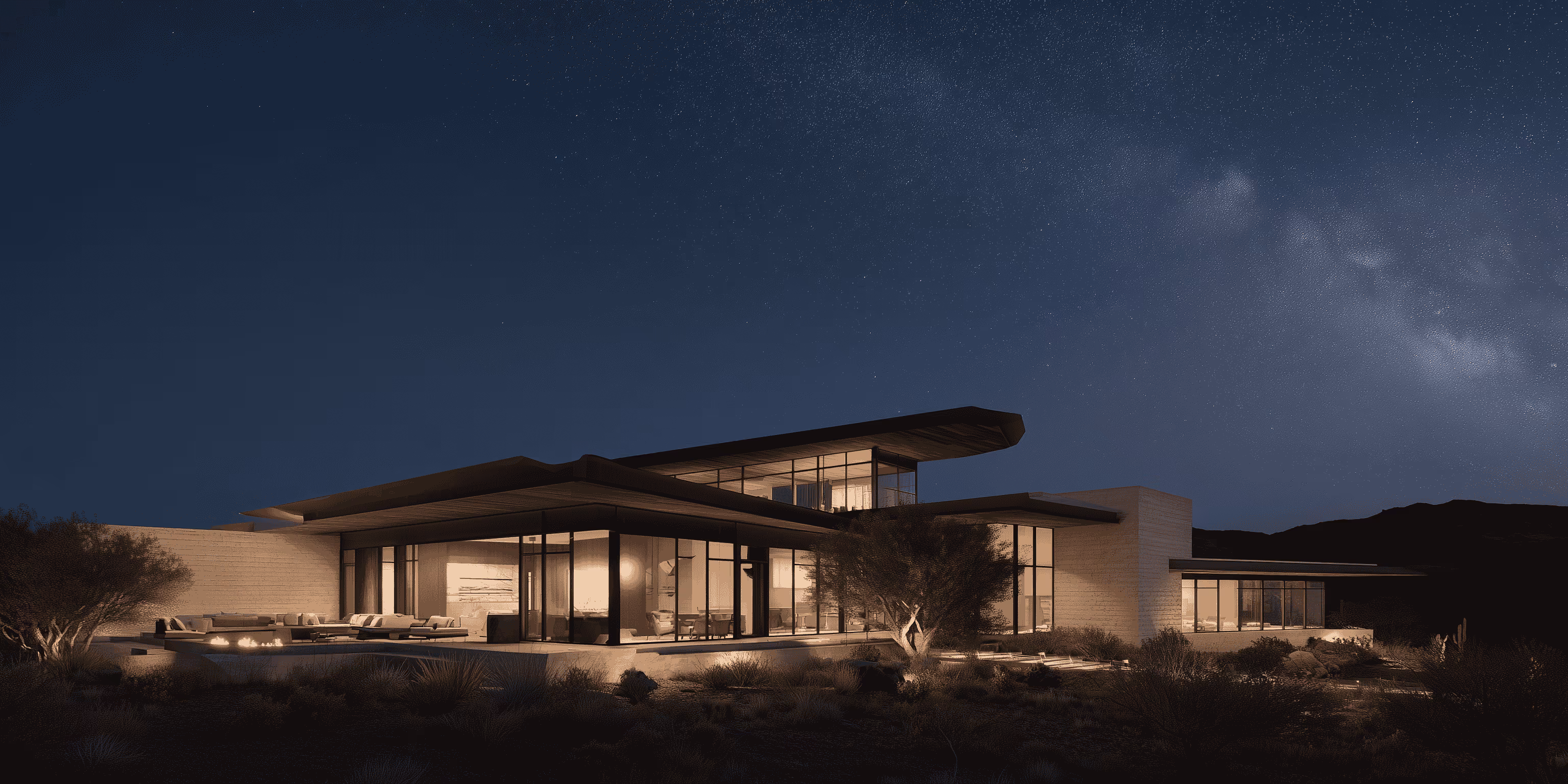 Modern house with large glass windows under a starry night sky with visible Milky Way.