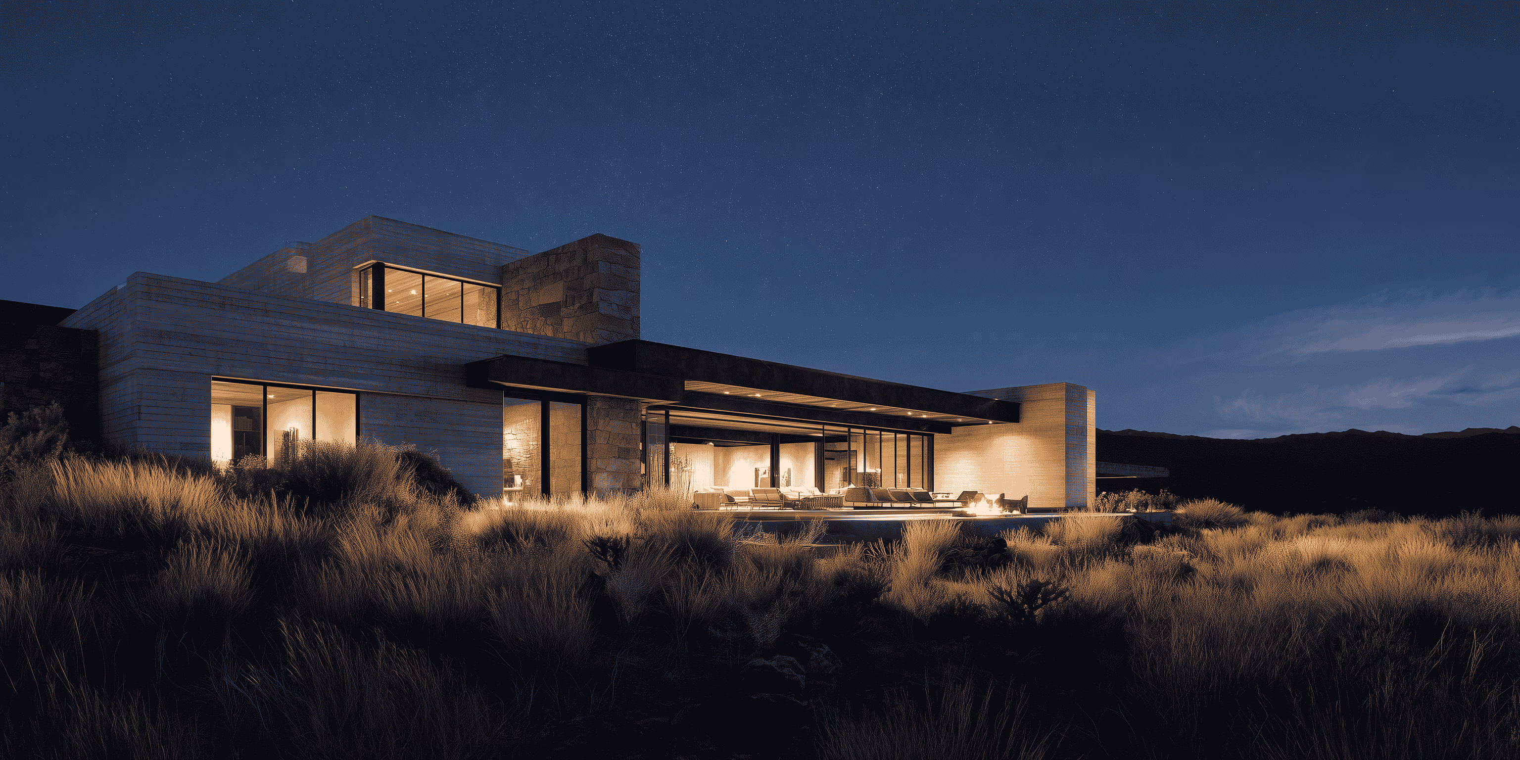 Modern house illuminated at night with large glass windows and surrounding tall grasses under starry sky.