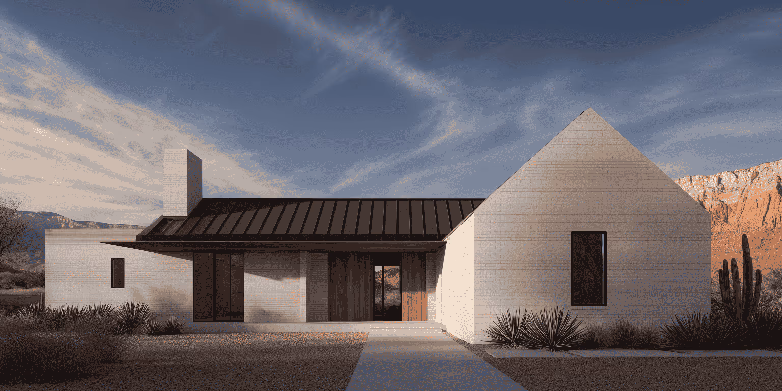 Modern white brick house with black roof and desert landscaping against a blue sky with clouds.