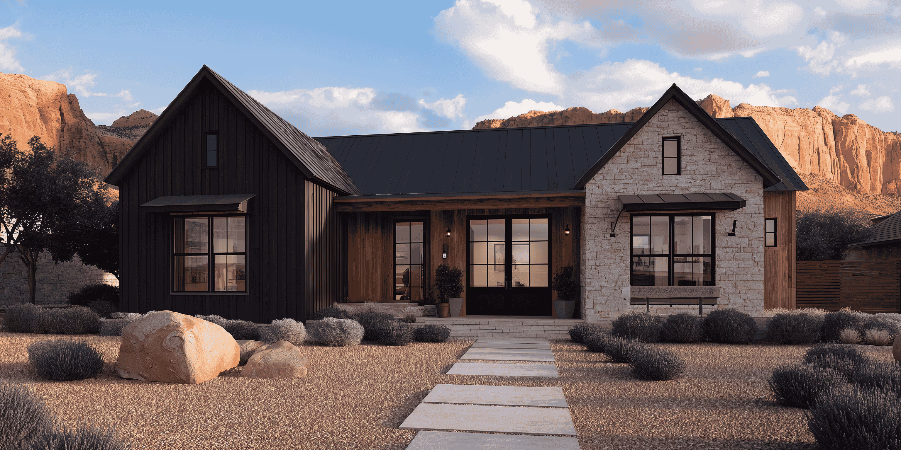 Modern house with black metal roof, stone and wood facade, desert landscaping, and rocky cliffs behind.