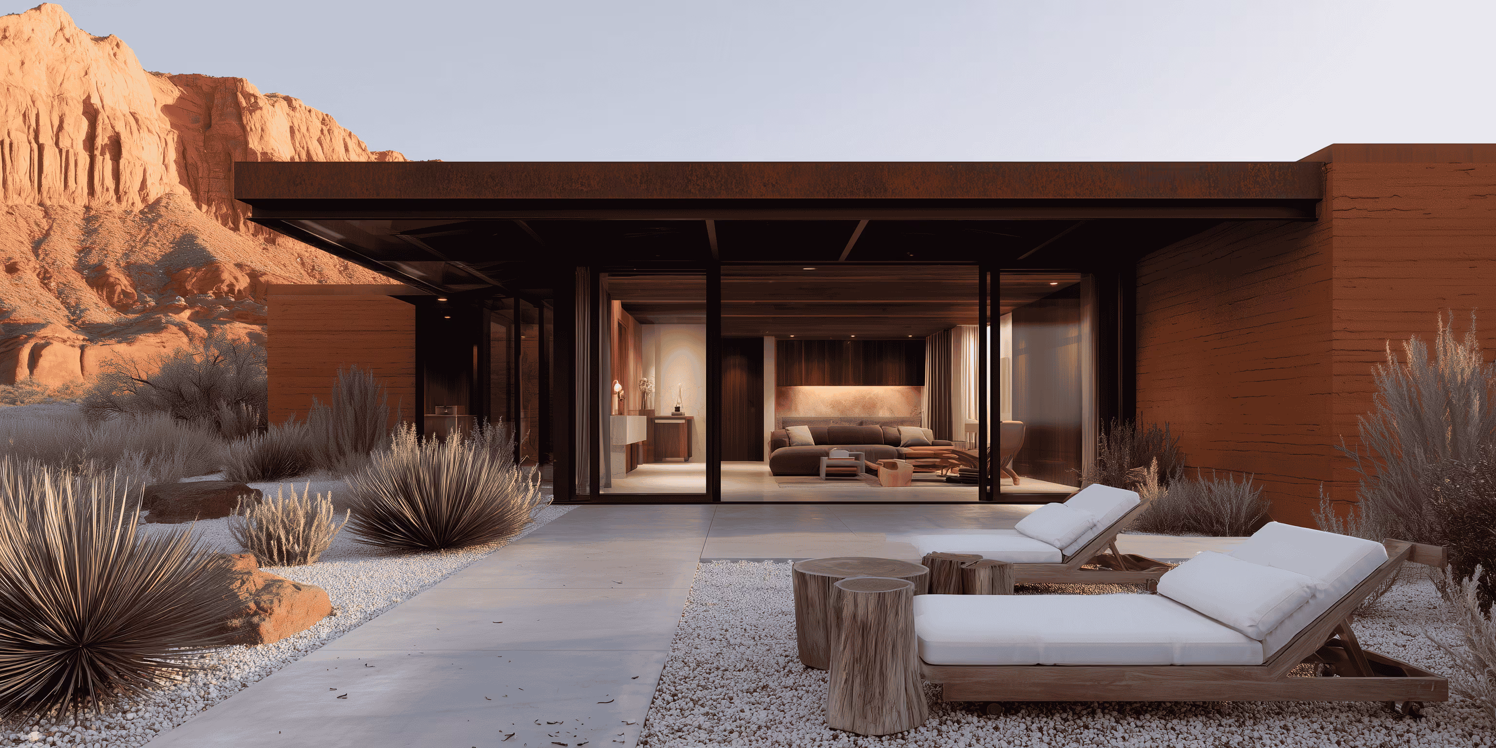 Modern desert house with large glass walls, outdoor lounge chairs, and mountain backdrop at sunset.