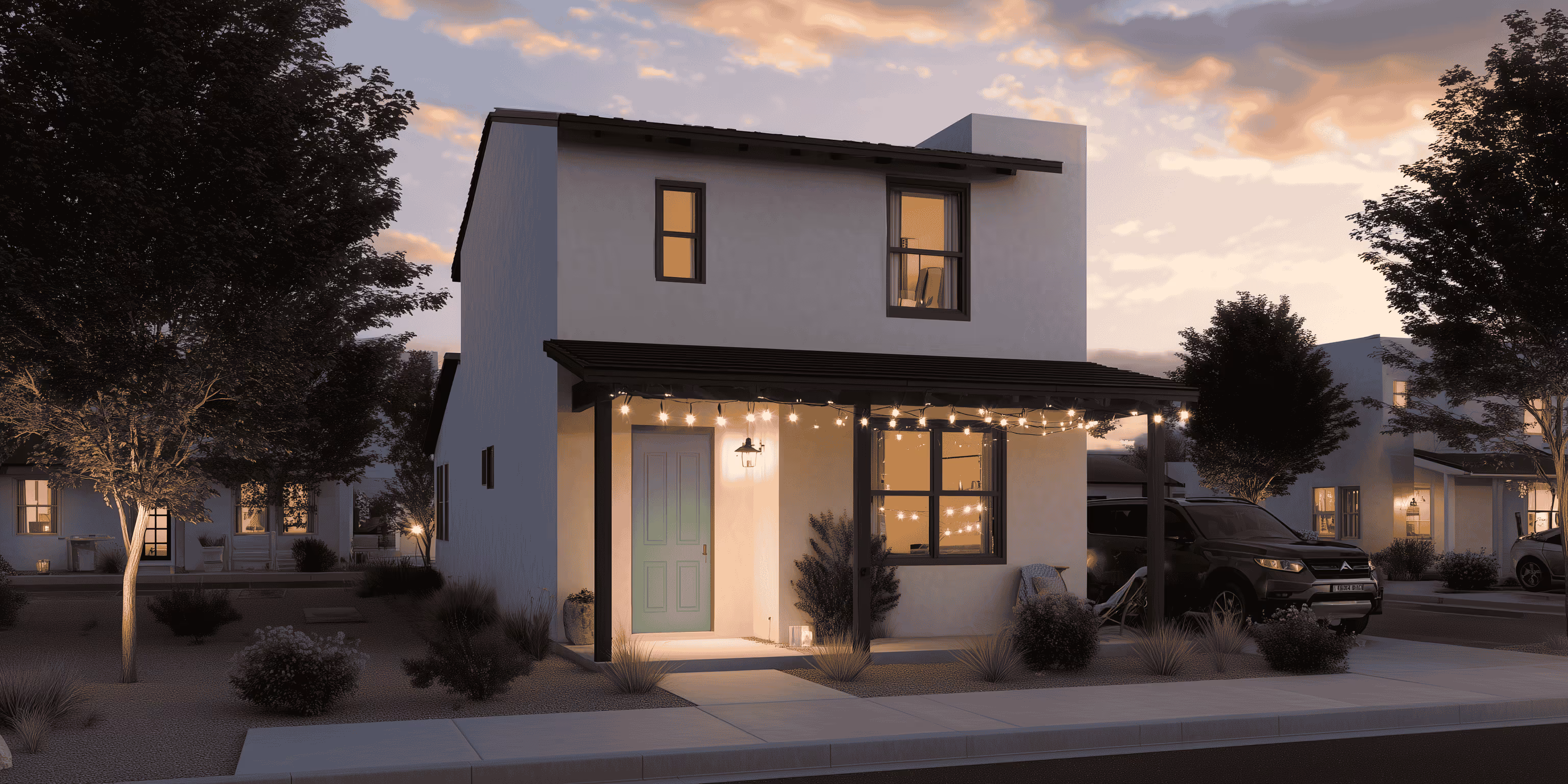 Two-story modern house at dusk with porch lights and a car parked beside it on a quiet street.