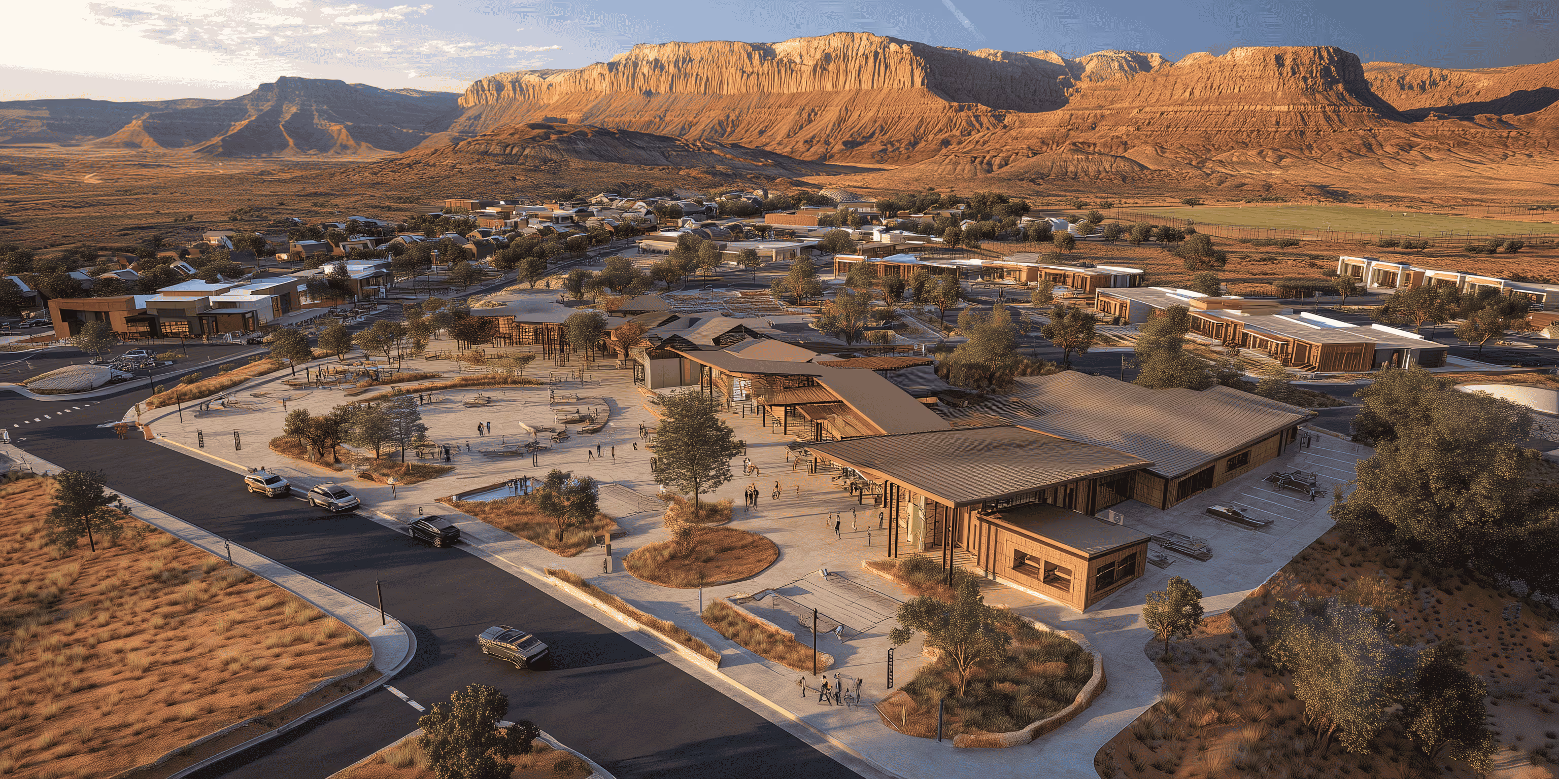Visitor center complex with modern buildings and parking amidst desert landscape and large rocky cliffs.