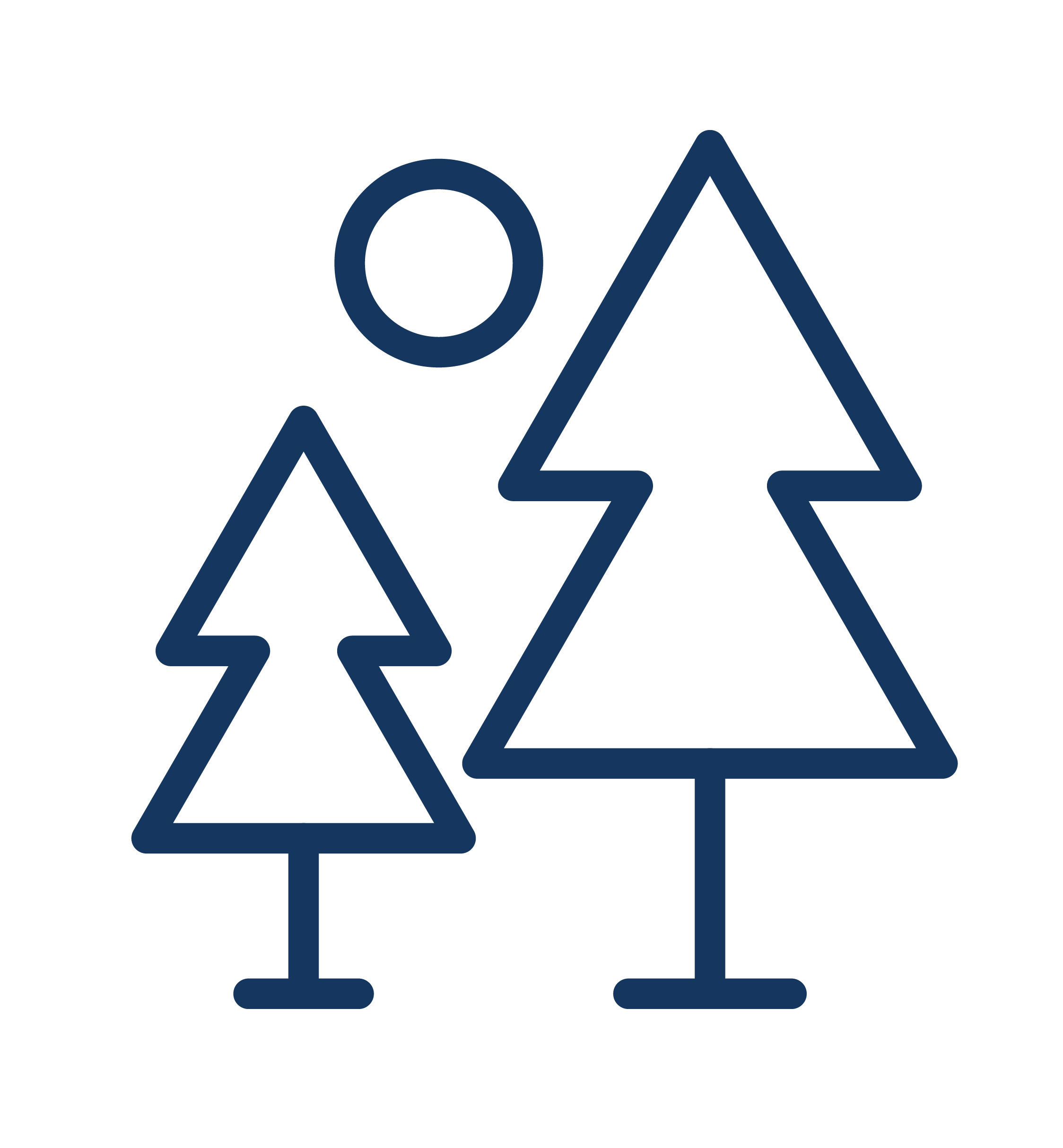 Two outlined pine trees of different sizes with a circle representing the sun or moon above the smaller tree.