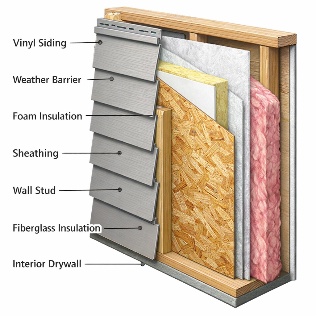 Labeled cross-section of a wall showing layers from exterior to interior: vinyl siding, weather barrier, foam insulation, sheathing, wall stud, fiberglass insulation, and interior drywall.