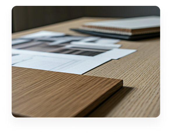 Wooden table with a wood sample, architectural plans, and a closed notebook stacked in the background.