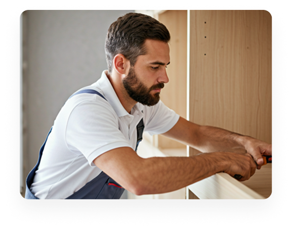 Man in work overalls assembling or fixing wooden furniture using a screwdriver.