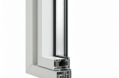 Close-up of a white cross-section of a modern window frame showing insulation and double-glazed glass layers.