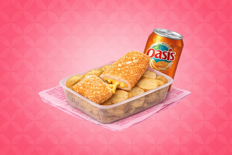 Menu poulet fondant au fromage avec pomme de terre boisson