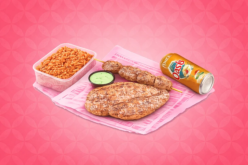 Menu brochette ou blanc de poulet avec riz parfumé et boisson
