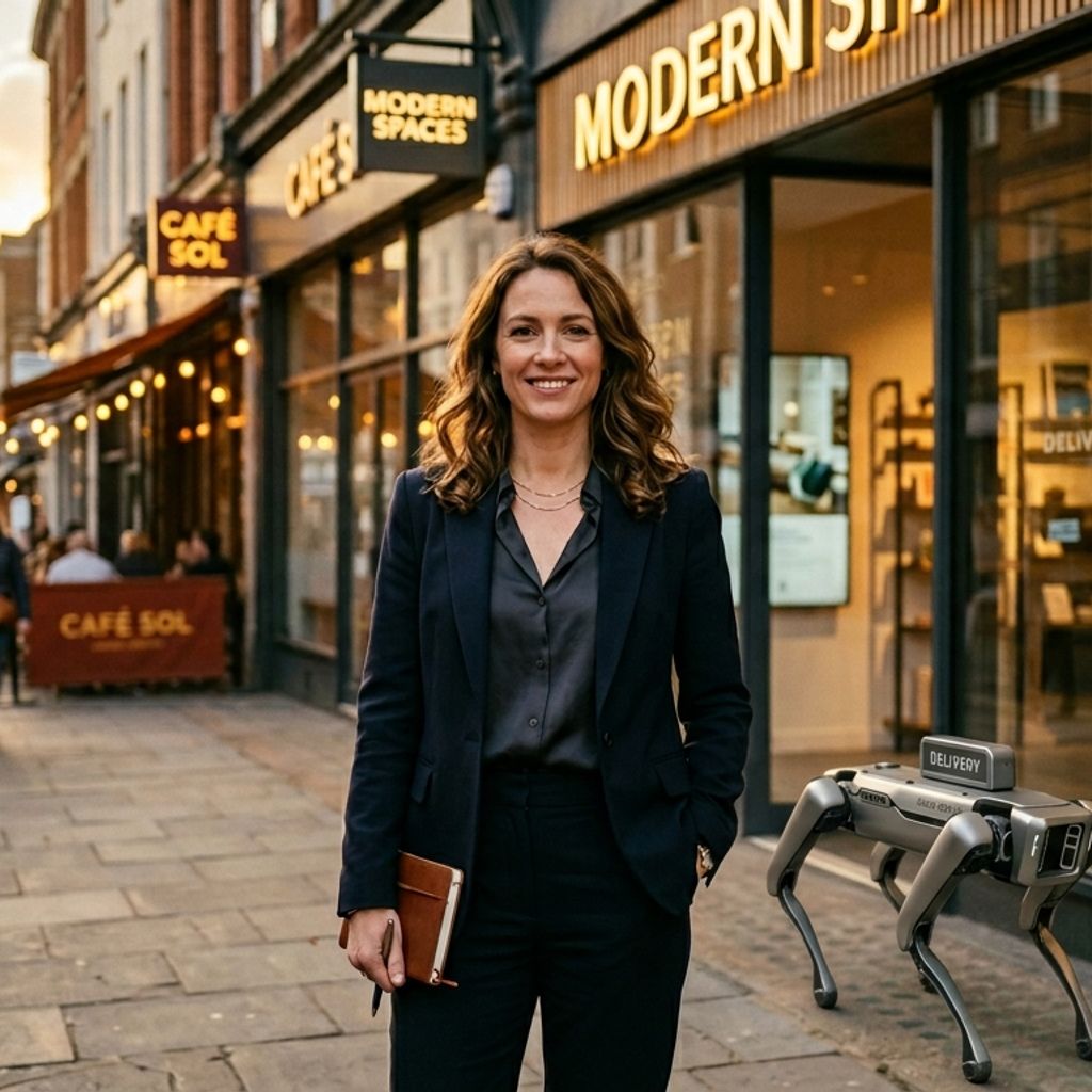 Gemini said A medium shot of a woman in a dark blazer smiling and holding a notebook outside of a storefront named Modern Spaces during sunset on a paved sidewalk. A robotic quadruped stands at the bottom right.