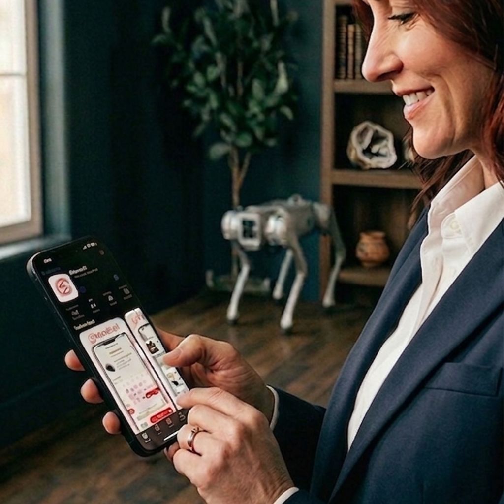 A professional woman in her 40s with deep auburn hair, wearing a navy blue blazer and white shirt, smiling while using the Sharebot robot rental app on her smartphone. In the soft-focus background of her moody, dark-toned home office, a silver Unitree Go2 