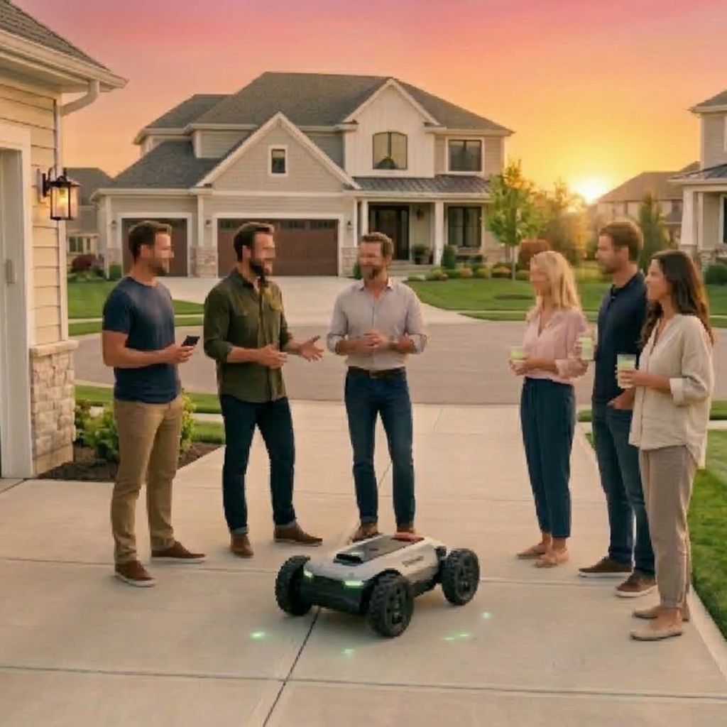nding in a suburban driveway discussing a shared robotic lawn mower while another robot mower cuts grass in the background, illustrating neighborhood equipment sharing through Sharebot.ai