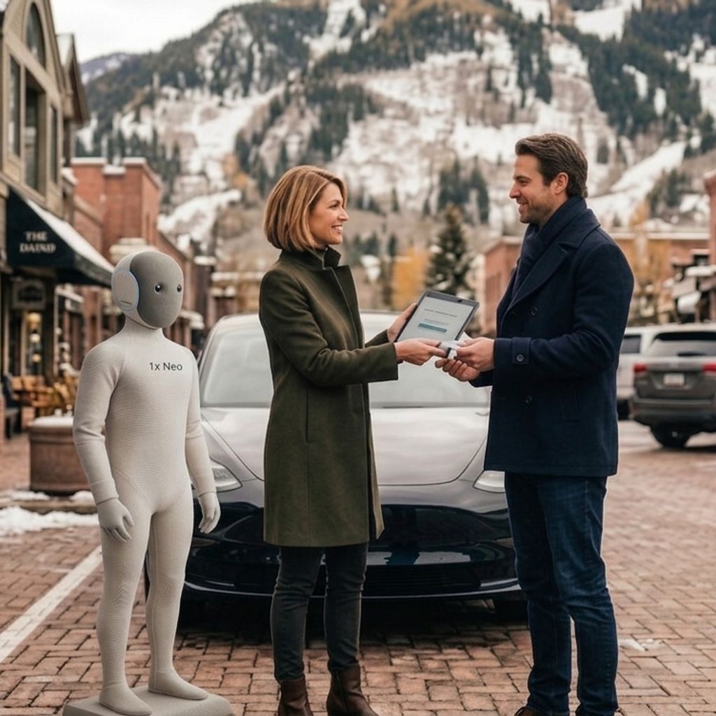 1x Neo Humanoid Sharebot rental in snowy Colorado mountain town: 1x Neo standing as woman hands tablet to man beside Tesla on Aspen-style street with The Daily Grind café and Rocky Mountains