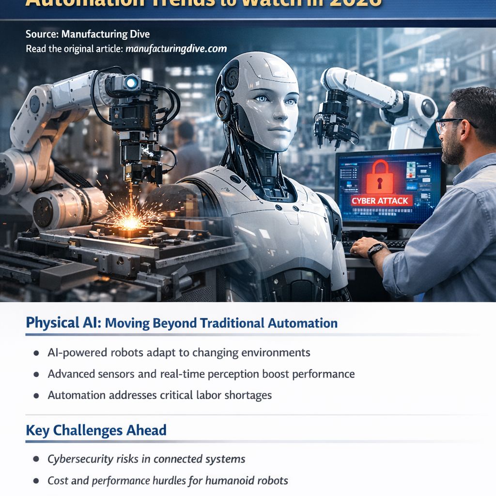 Humanoid robot and industrial robotic arms operating together on a modern factory floor while a technician monitors systems on a computer