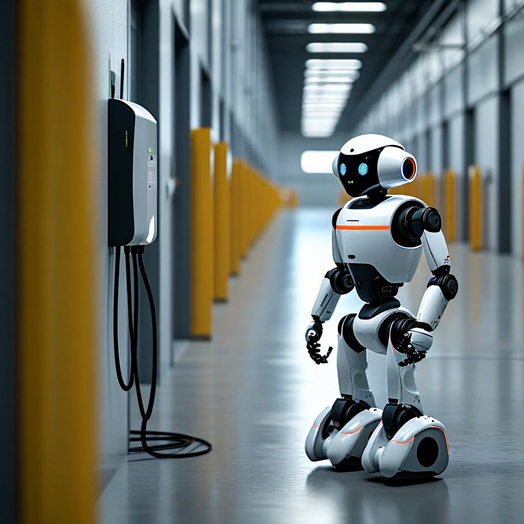 UBTECH humanoid robot autonomously docking at a charging station in a warehouse, illustrating self-charging robot rental deployment