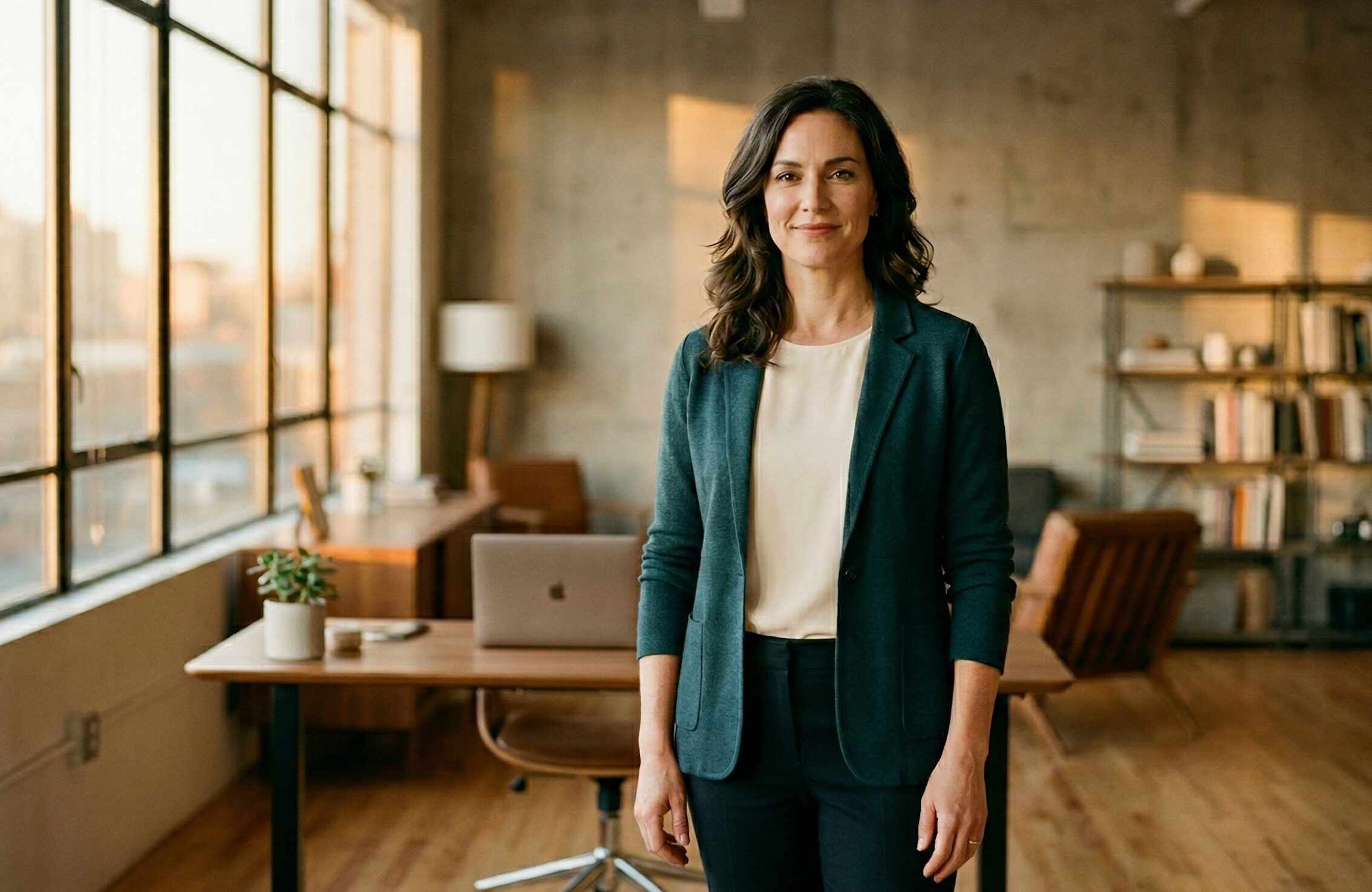 Woman in a teal blazer smiling in a minimalist office with golden hour light and a blurred bookshelf in the background.