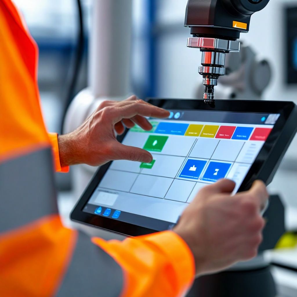 Small business operator teaching a no-code cobot arm a task at a workbench, demonstrating cobot rental in practice