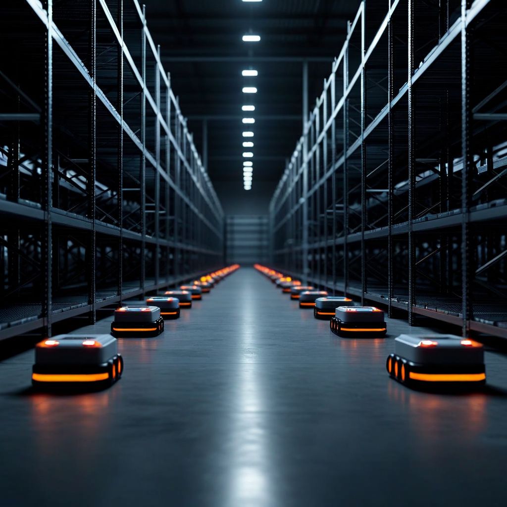 Autonomous mobile robots operating in a dark warehouse fulfillment center — AMR rental 2026 deployment