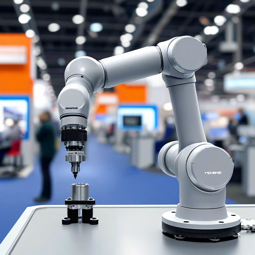 Collaborative robot arm on display at Automate 2026 trade show floor, representing rent a robot 2026 opportunities