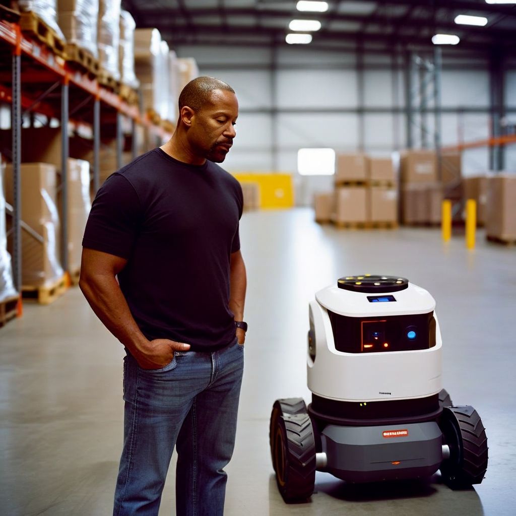 Independent robot owner-operator reviewing autonomous mobile robot for listing on a peer-to-peer robot rental marketplace