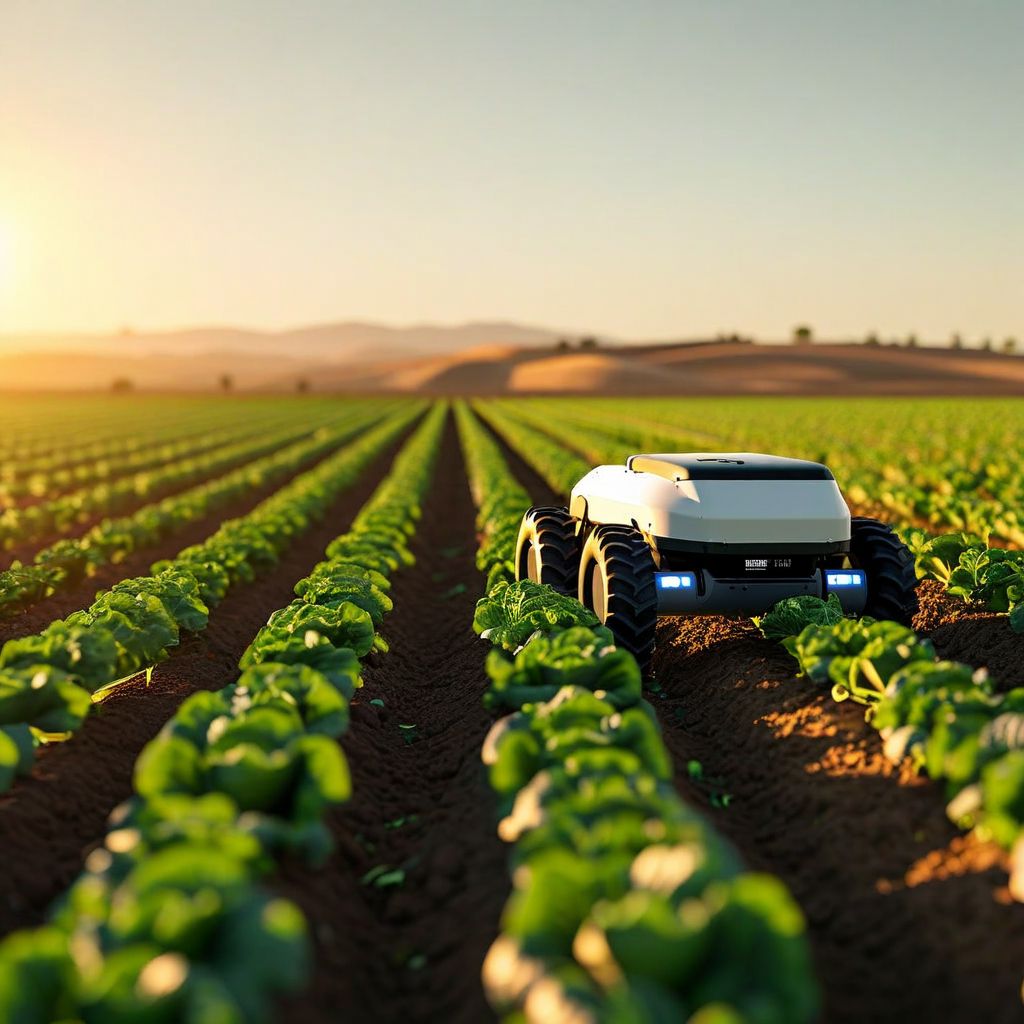 Autonomous farm robot moving through crop rows in a California agricultural field, representing the growing farm robot rental market in 2026