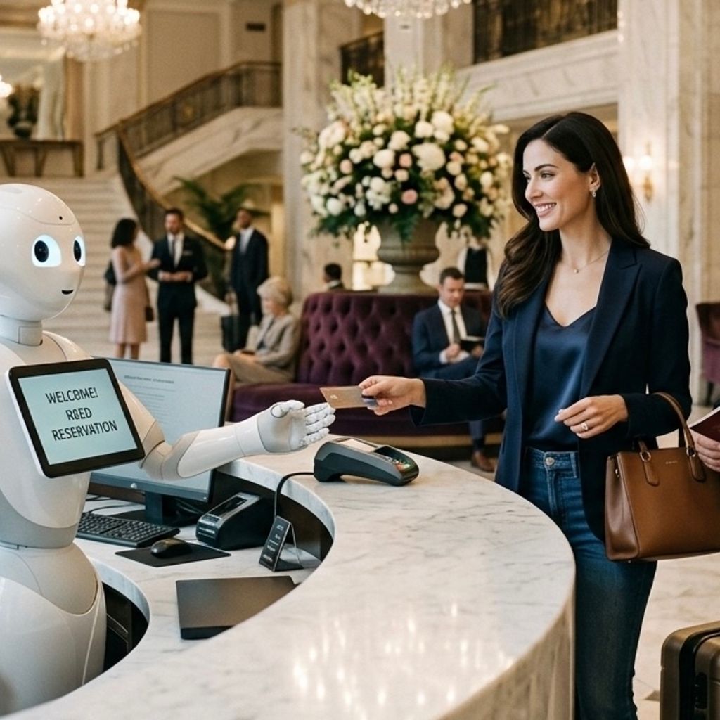 Asset investor reviewing hotel robot rental contract in a modern hotel corridor with a delivery robot passing nearby
