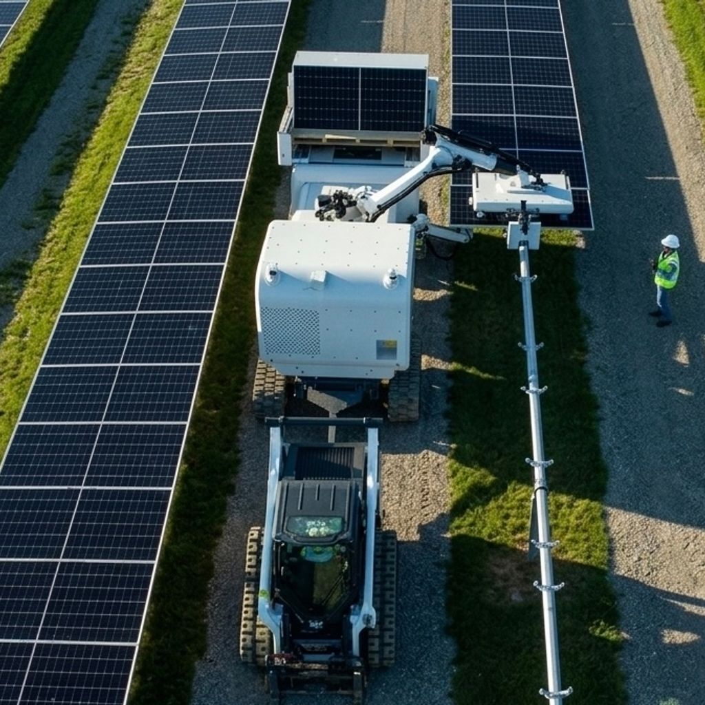 Robotic panel lift placing a solar panel on a residential rooftop — solar robot rental in action