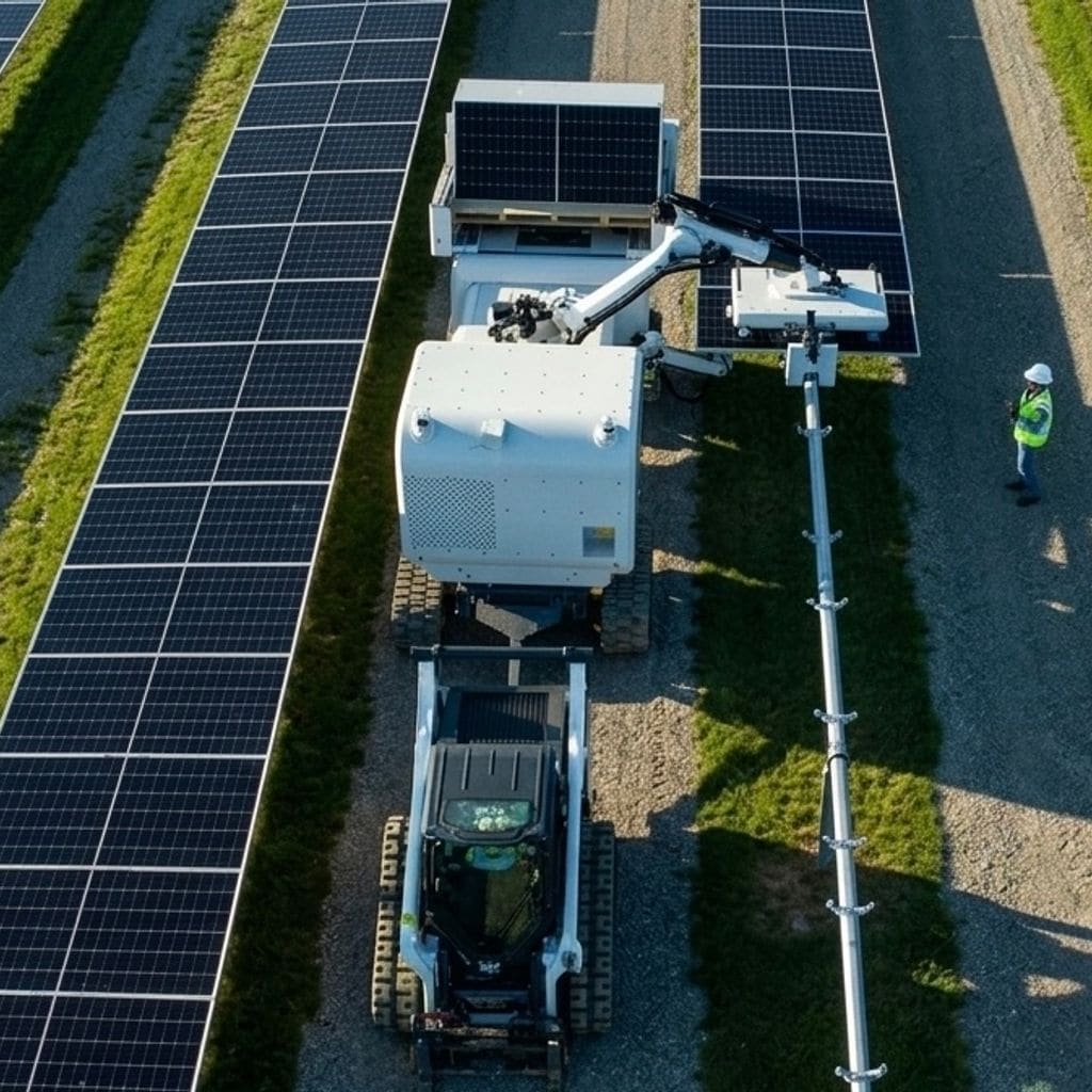 Robotic panel lift placing a solar panel on a residential rooftop — solar robot rental in action