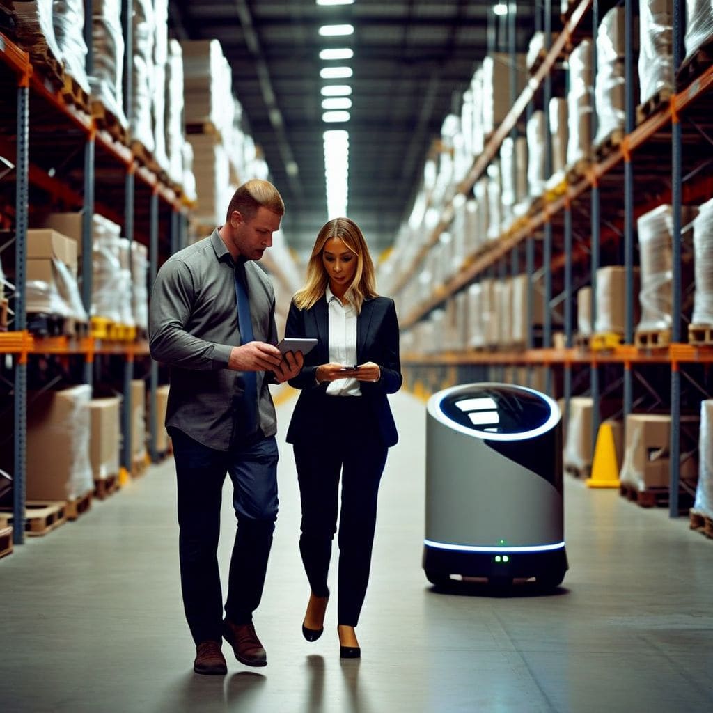 Asset investor reviewing security robot patrol data in a commercial parking structure — security robot rental income opportunity