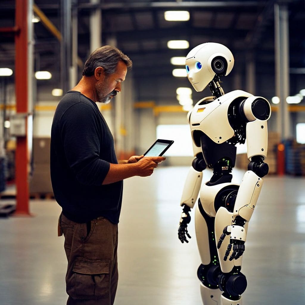 Asset investor reviewing humanoid robot rental opportunity on a warehouse floor in 2026