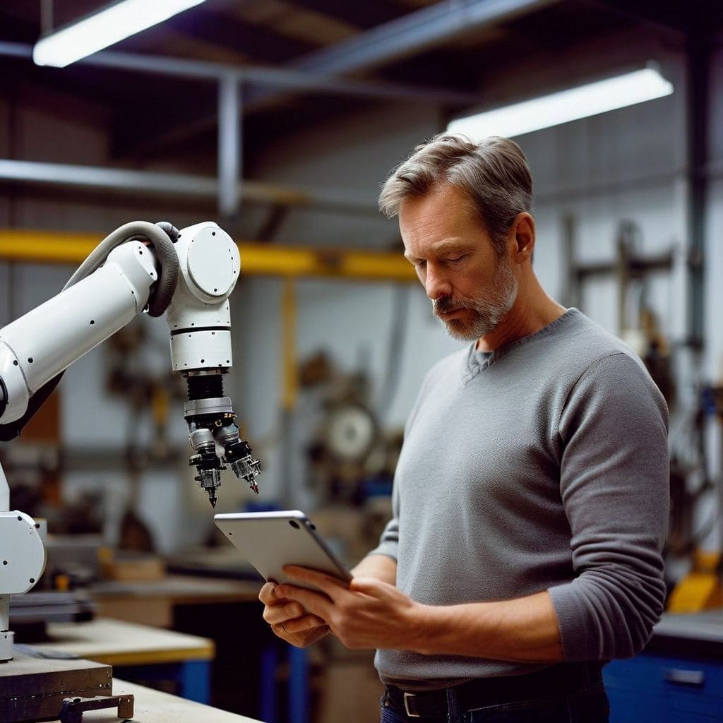 Asset investor reviewing robot rental income projections beside a cobot in a small workshop, illustrating RaaS financing