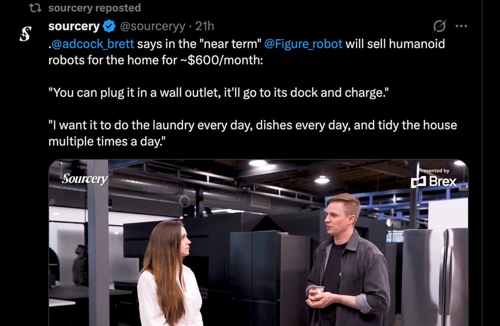 Sourcery interview screenshot of Figure AI CEO Brett Adcock discussing the $600 per month humanoid robot home lease