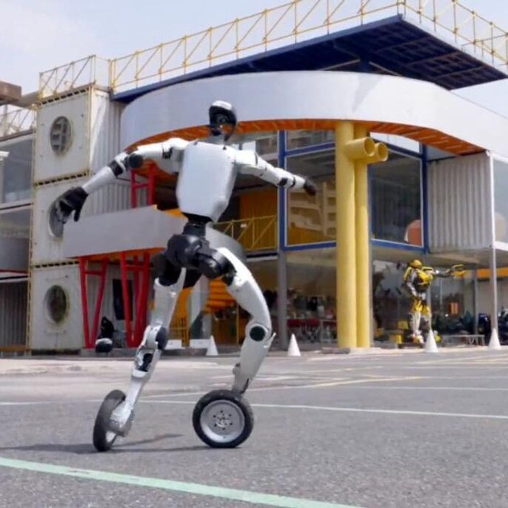 Wheeled robot navigating a warehouse floor, illustrating efficient robot rental deployment and mobile automation