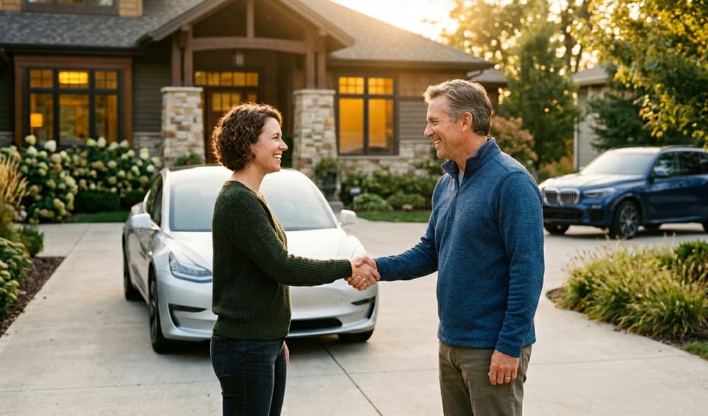 A woman in a green sweater and a man in a blue pullover shake hands and smile at each other in the driveway of an elegant, modern home. Behind them, there are trees and cars, including a silver sedan and a blue SUV.