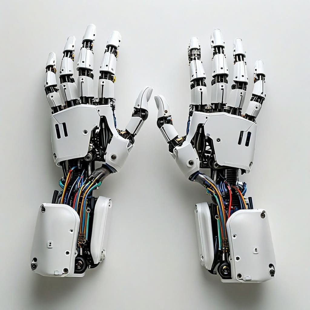 Adaptive robotic hand performing a precision grip task, representing humanoid robot rental capability advances from ChangeTek